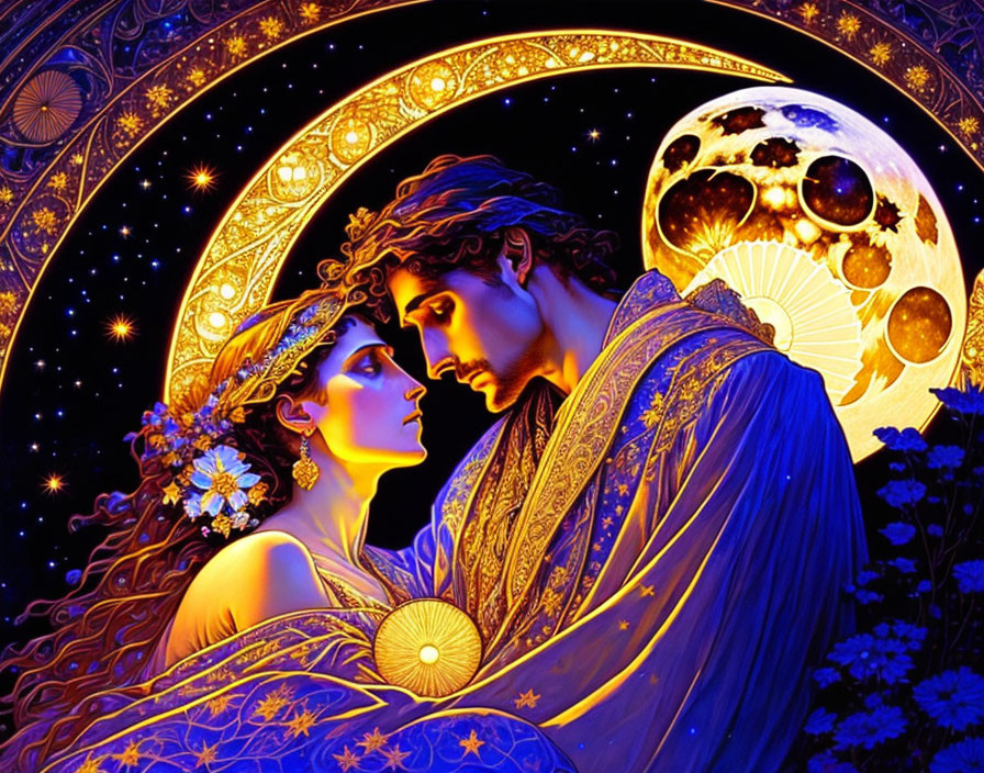 Illustrated Couple with Cosmic Crescent Moon and Stars in Blue and Gold