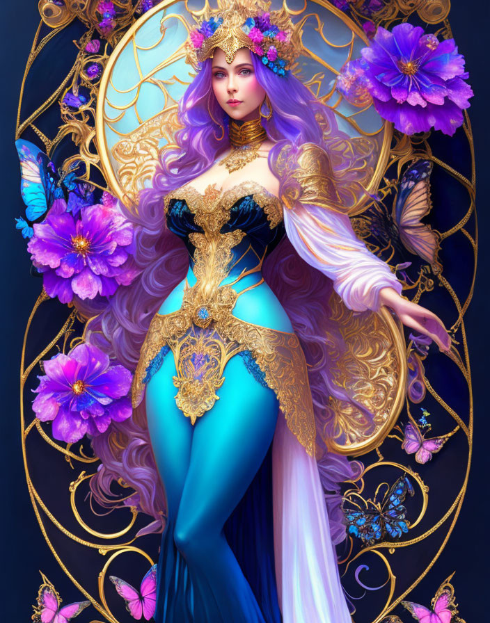 Purple-haired figure in floral crown against golden backdrop in ornate corset.