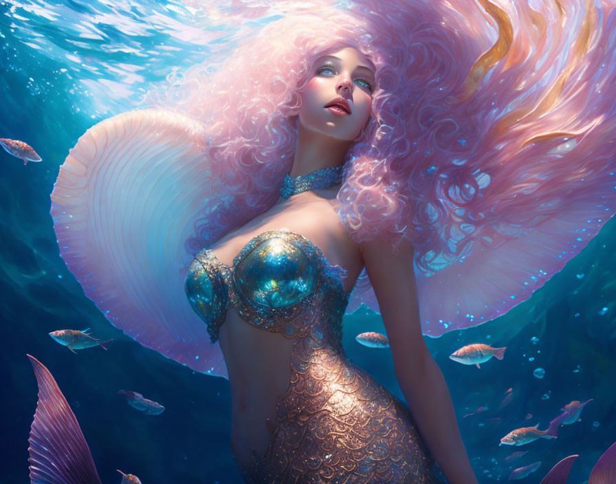 Mermaid with Pink Hair and Golden Tail near Giant Shell and Fish