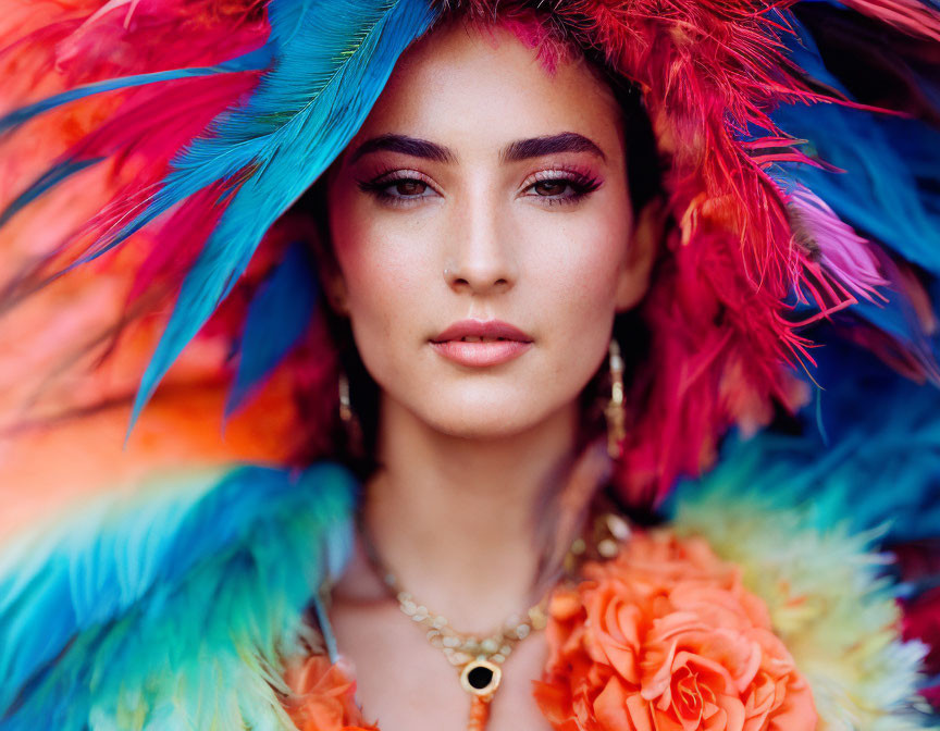 Colorful Feathers and Flowers Surround Woman with Striking Makeup