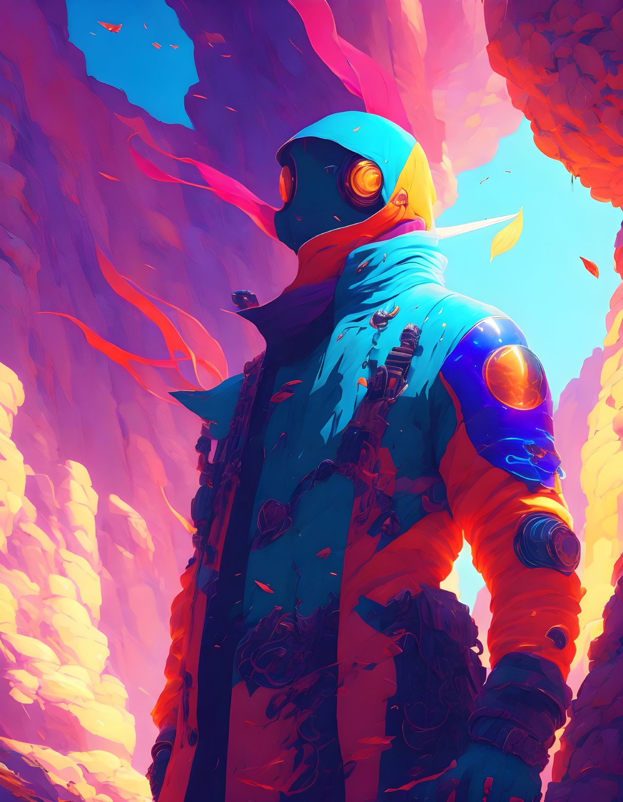 Colorful astronaut amidst surreal alien flora under pink and blue sky