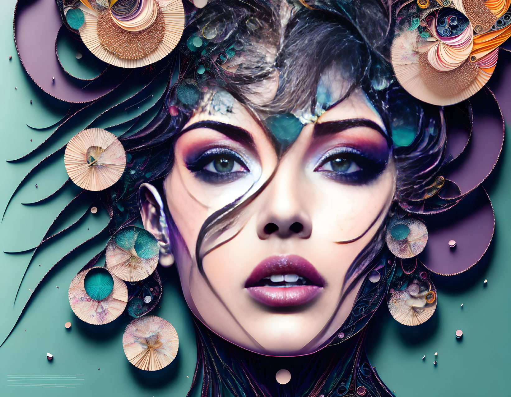 Colorful surreal digital portrait of a woman with intricate floral designs in her hairstyle