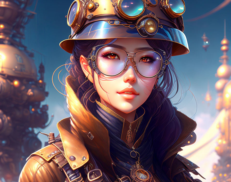 Steampunk woman in detailed attire with hat and goggles against fantastical machinery.