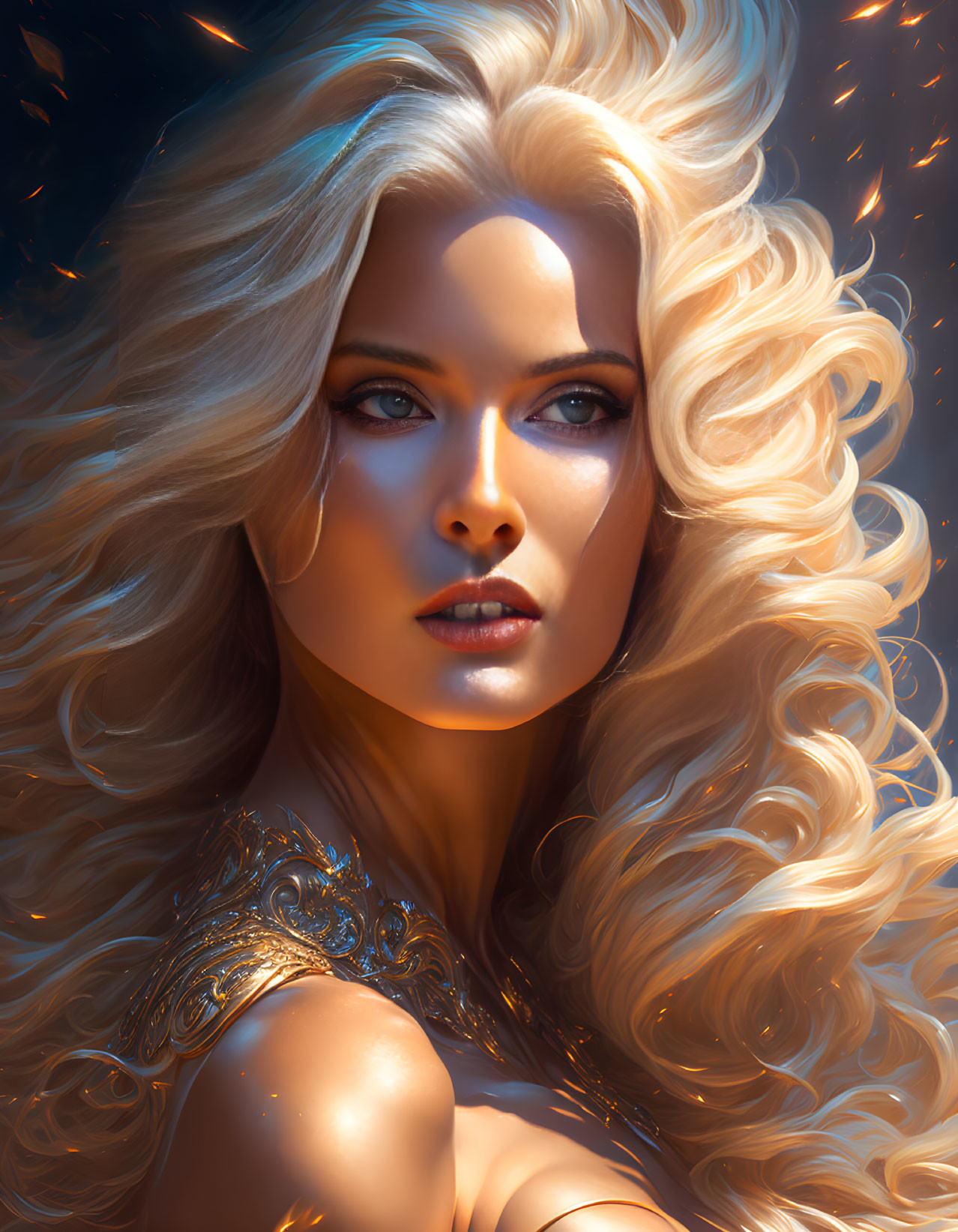 Blonde Woman Digital Art: Voluminous Hair & Blue Eyes