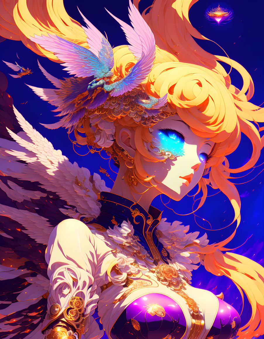 Character with golden hair and wings in vivid illustration on blue and purple background.