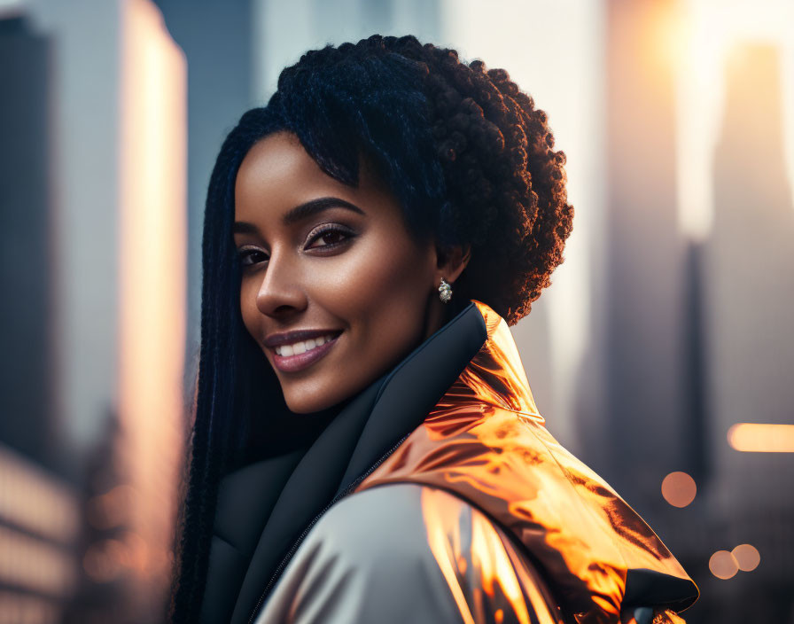 Braided hair woman in metallic jacket smiles at sunset cityscape
