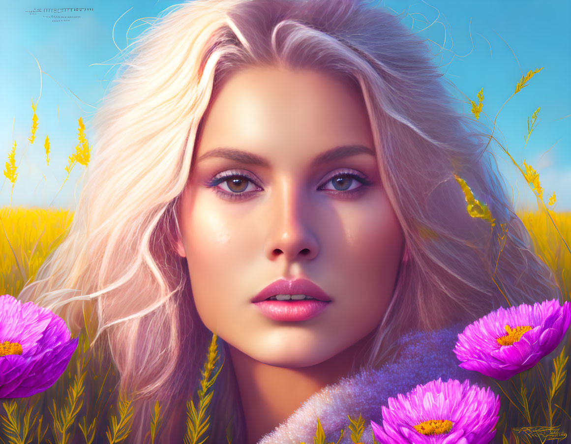 Blonde Woman Surrounded by Purple Flowers and Wheat