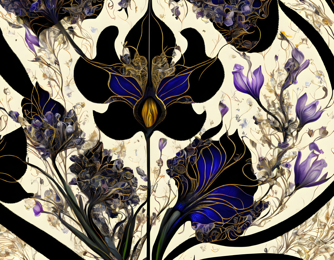 Abstract black, gold, and purple swirling floral design in a dark aesthetic