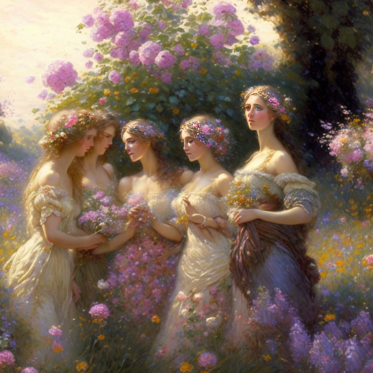 Five Women with Floral Crowns in Sunlit Meadow Conversing