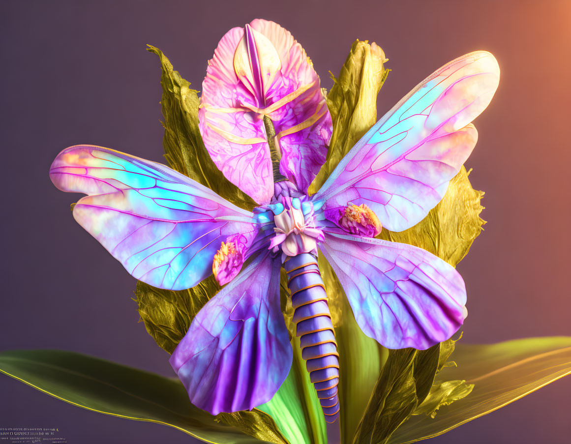 Colorful Butterfly Digital Artwork with Iridescent Wings on Flower