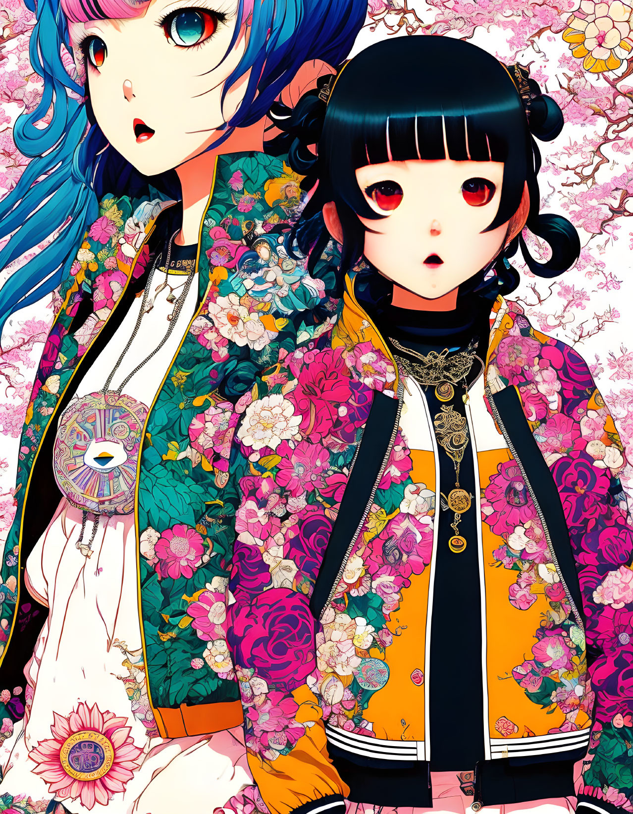 Detailed Floral Outfits on Anime-Style Characters: Blue Hair, White Dress & Black Hair, Yellow