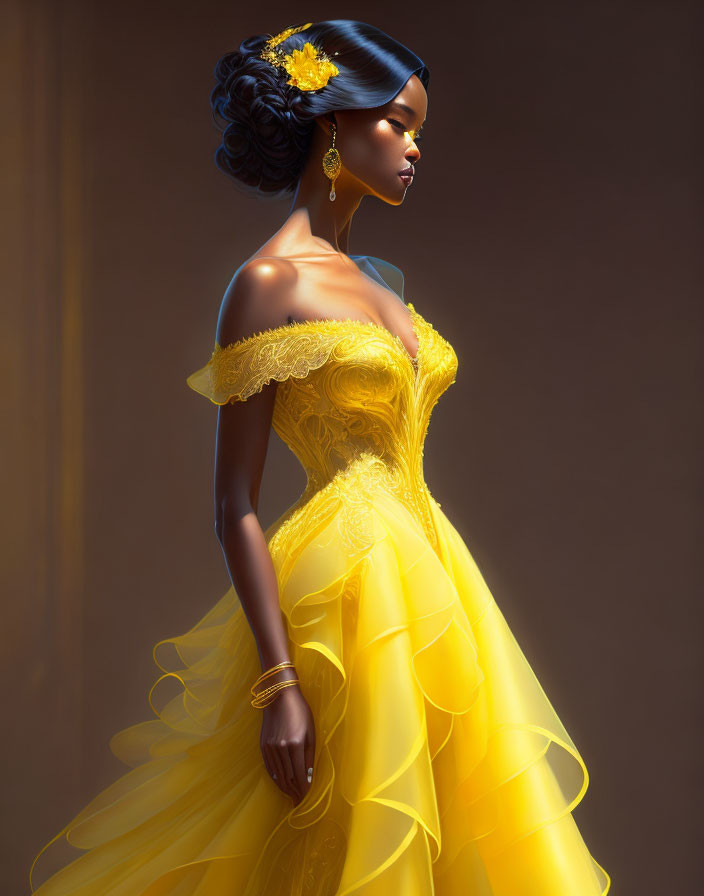 Detailed Illustration of Elegant Woman in Yellow Gown with Floral Accents