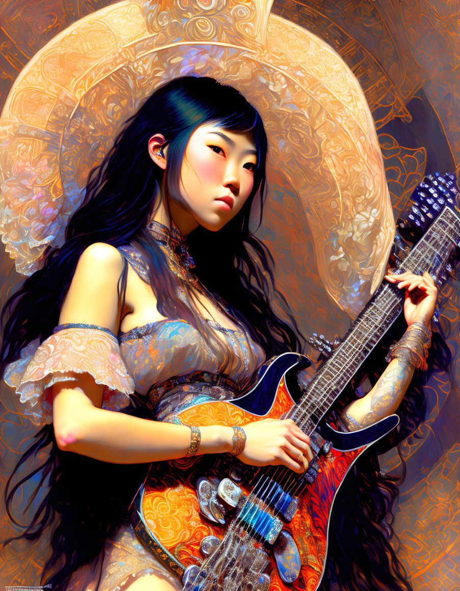 Illustration: Asian woman playing electric guitar with ornate tattoos and lace outfit