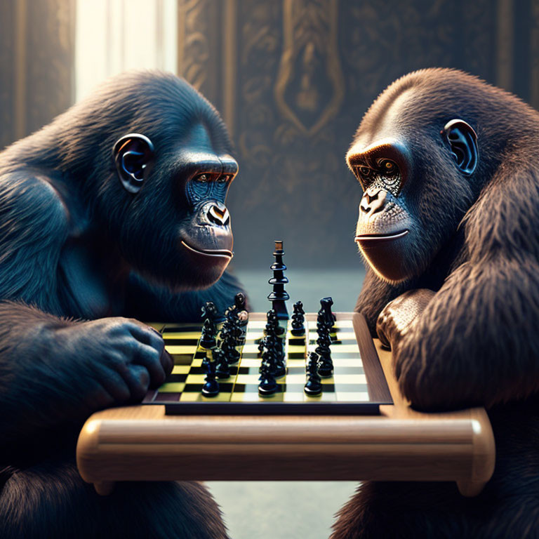 Gorillas playing chess under dramatic lighting