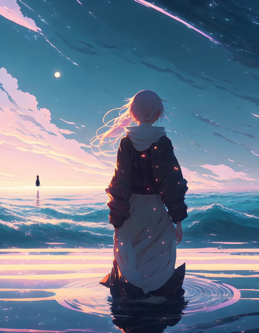 Two figures under twilight sky on water gaze at each other
