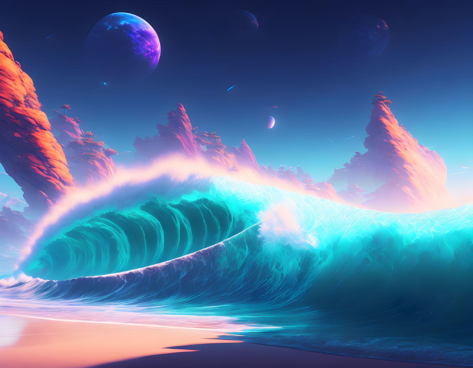 Alien landscape with towering rocks, turquoise wave, multiple moons.