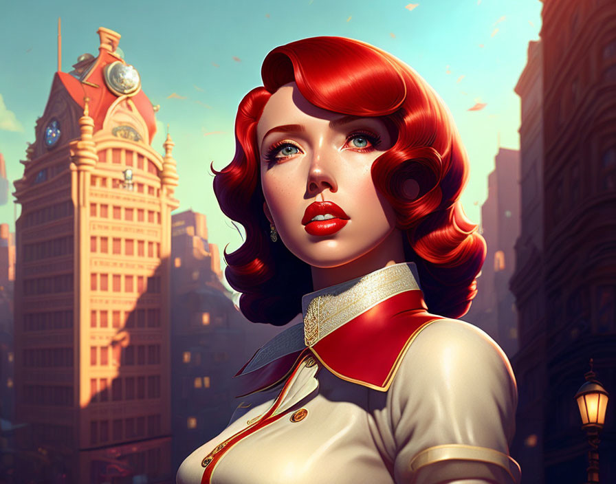 Stylized red-haired woman in retrofuturistic cityscape