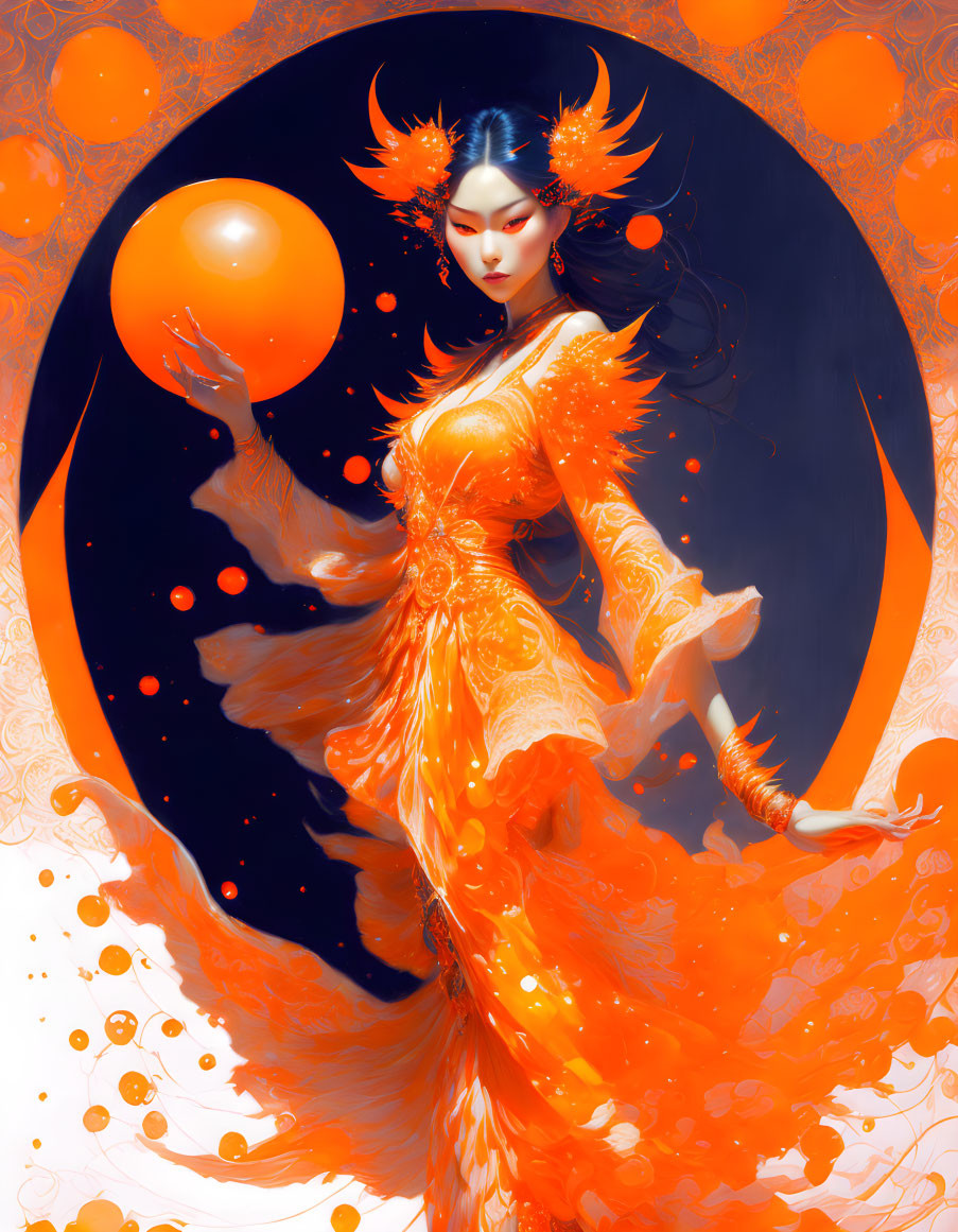 Ornate orange dress woman with glowing orb on dark backdrop