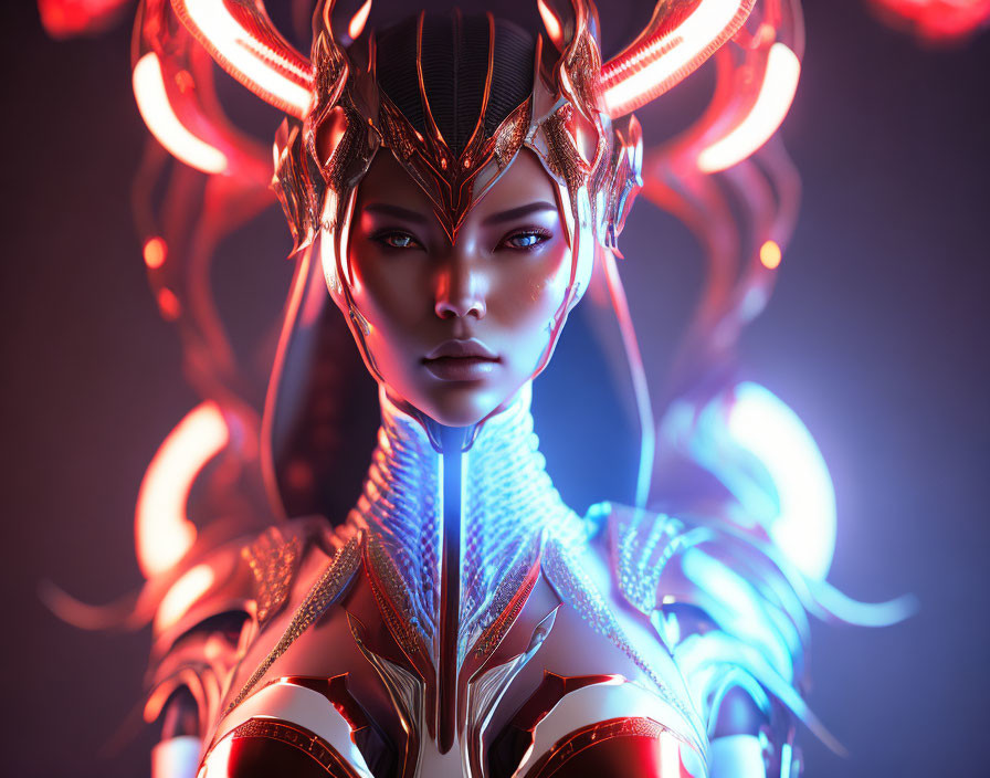 Fantasy warrior woman with red horns and ethereal armor in digital art