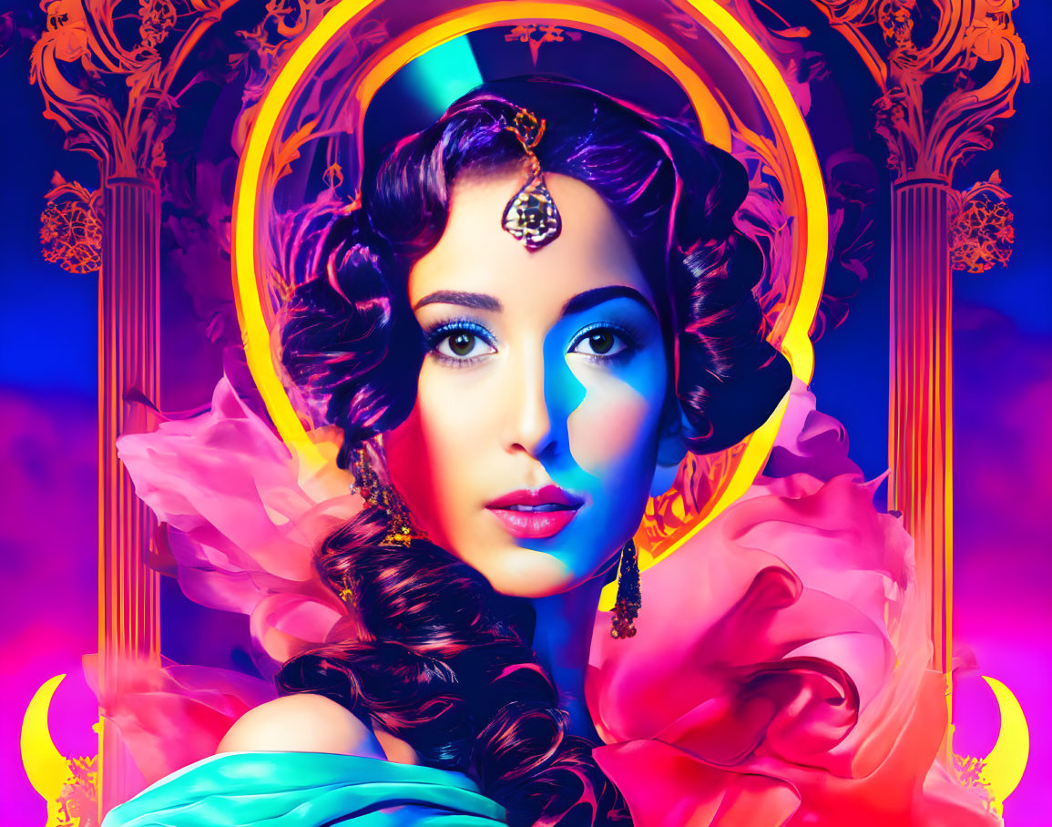 Colorful portrait of a woman with halo, pink outfit, and dramatic makeup on neon backdrop