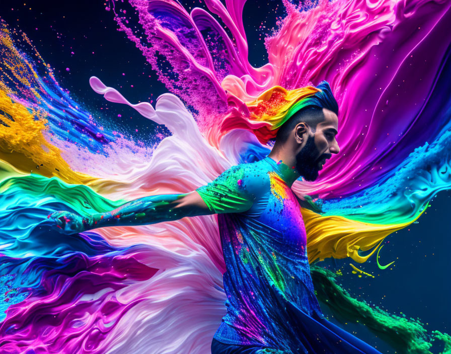 Colorful swirls around person on dark background