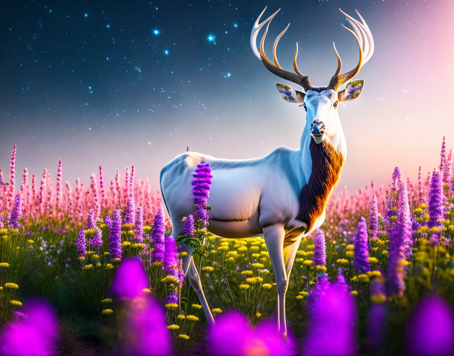 White deer with antlers in purple flower field under twilight sky