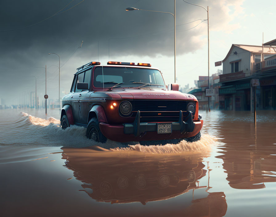 Vintage Red SUV Driving Through Flooded Street Under Dramatic Sky