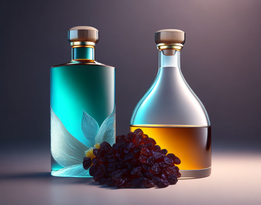 Glass Bottles with Leaf Design and Amber Color Next to Raisins