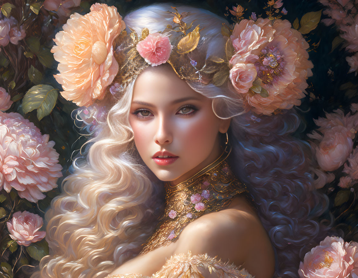 Digital painting of woman with silver hair & floral headpiece among lush peonies