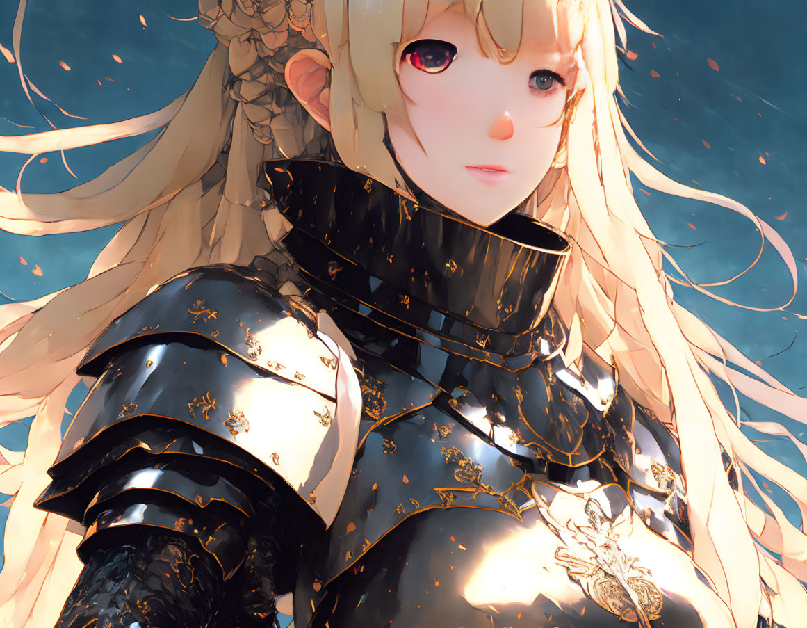 Digital artwork: Blonde character in ornate black armor on warm background