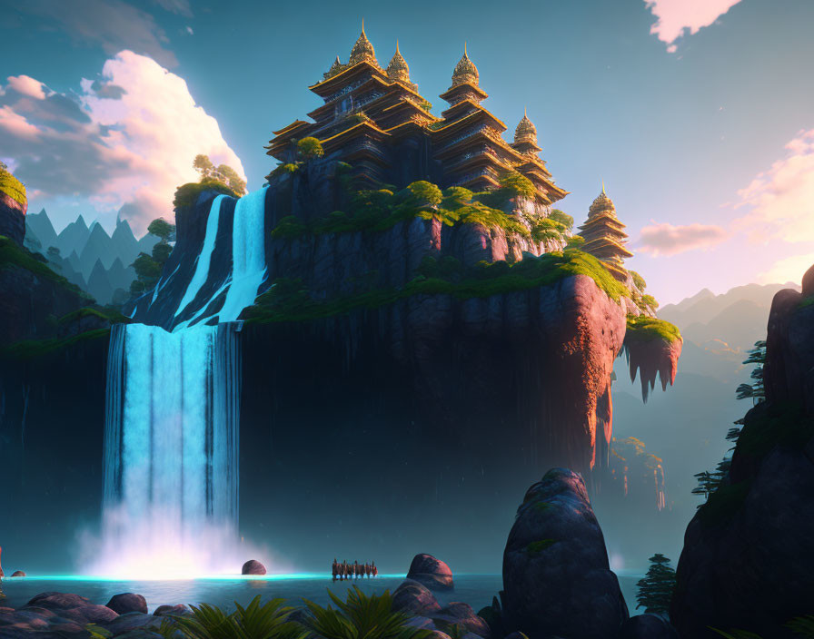 Fantasy temple on high cliff with waterfall in lush setting under pink sky