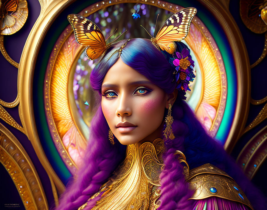 Colorful digital art portrait of woman with purple hair and butterfly accessories in intricate golden attire against ornate