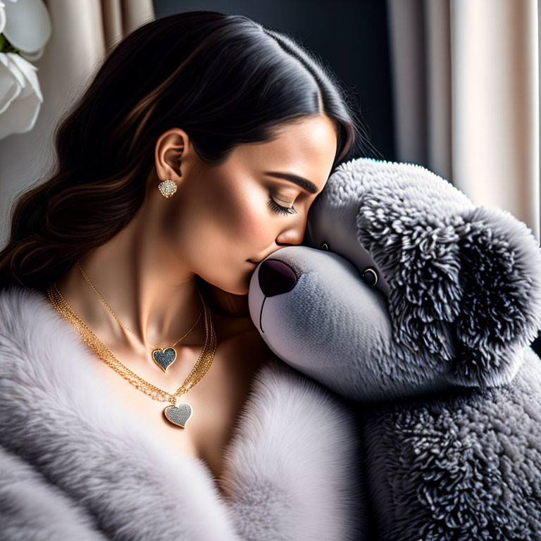 Dark-haired woman with jewelry leaning on plush teddy bear near window