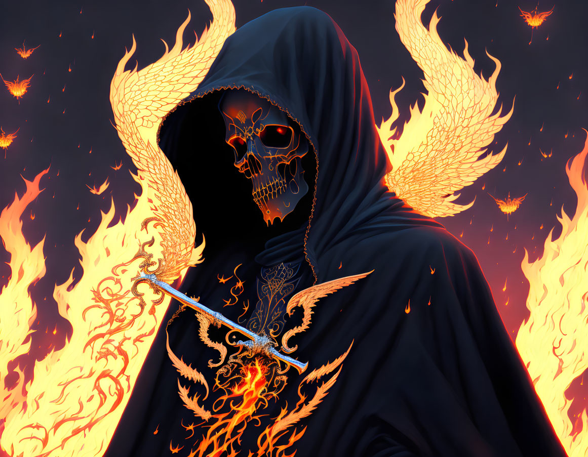 Hooded figure with glowing skull face, sword, flames, and fiery phoenixes.