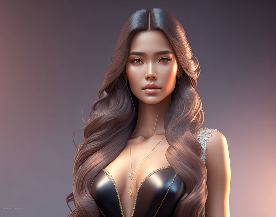 Brunette woman digital art: flowing hair, black top.