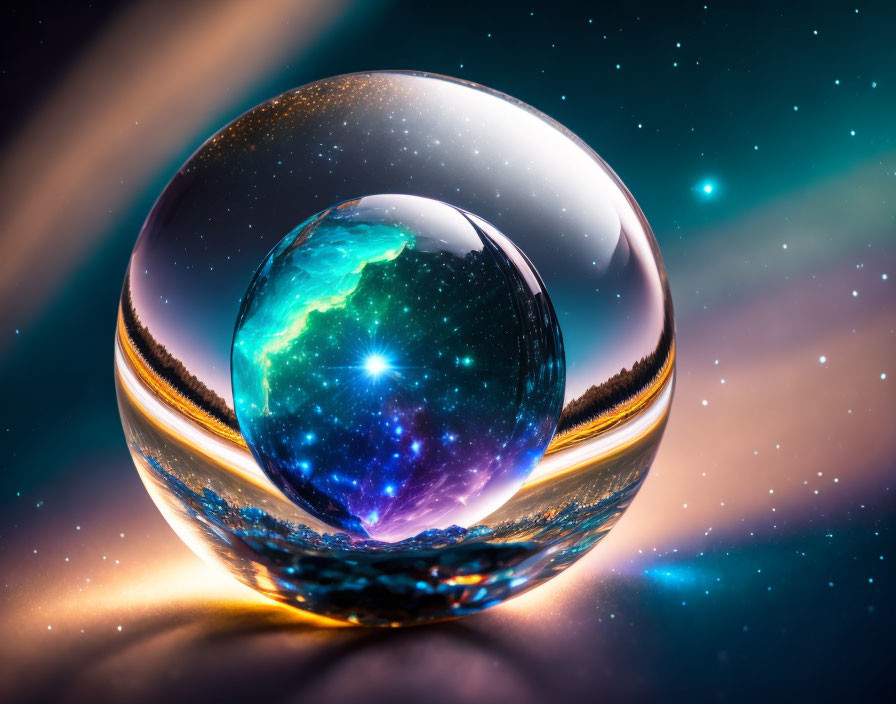 Vibrant cosmic scene with stars and nebulae in crystal ball