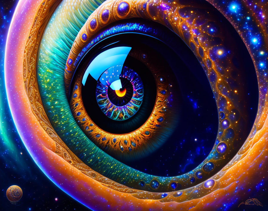 Surreal digital artwork of cosmic eye with planets and colorful patterns