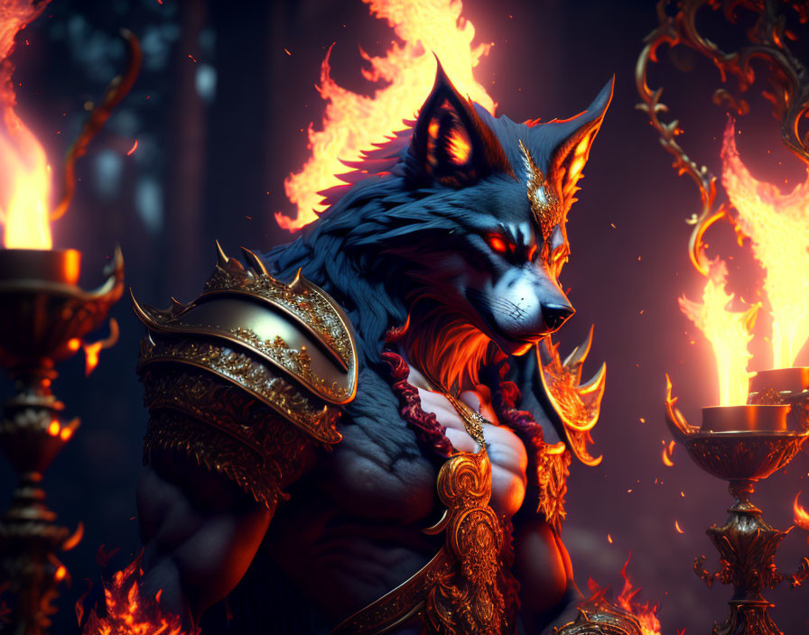 Anthropomorphic wolf warrior in ornate armor amidst flames and torches