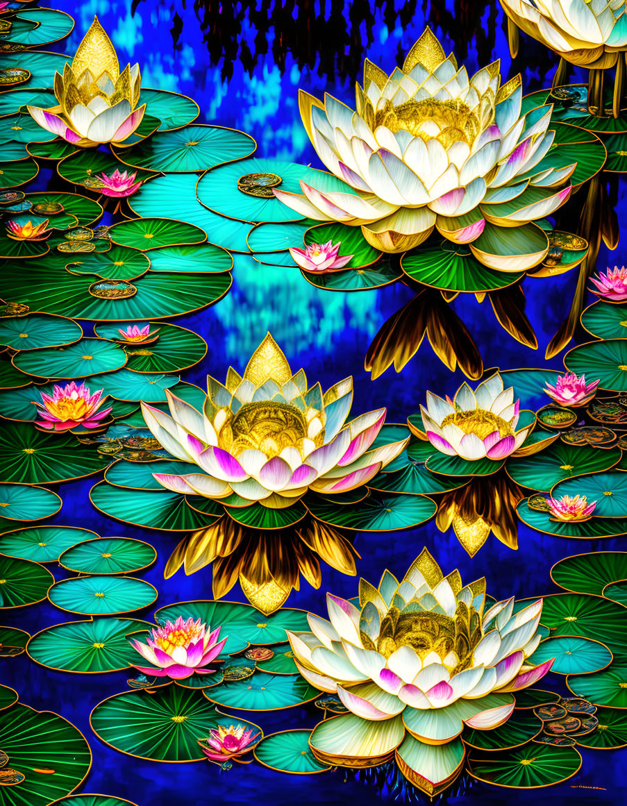 Colorful digital artwork featuring lotus flowers, golden details, blue water, lily pads, and