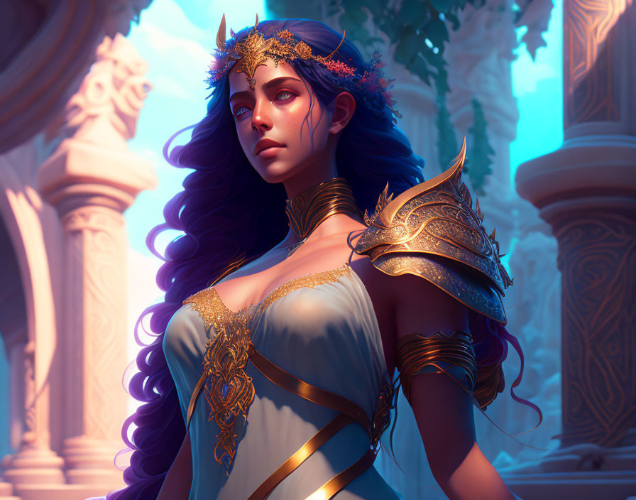 Regal female character digital artwork with golden crown and blue dress