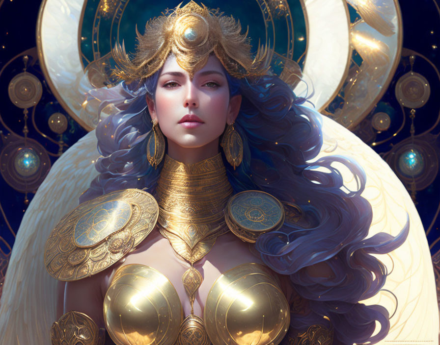 Majestic female figure in golden armor with purple hair against celestial backdrop