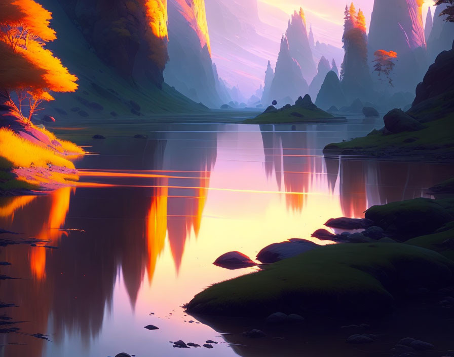 Fantasy landscape with reflective lake, glowing trees, moss-covered rocks, and purple cliffs under pink sky