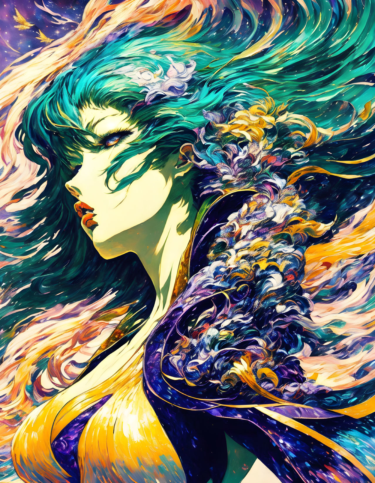 Colorful digital artwork of a woman with flowing hair and dress in vivid blues, purples,