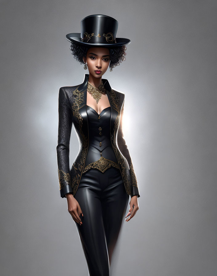 Illustration of woman in black Victorian outfit with gold accents and top hat