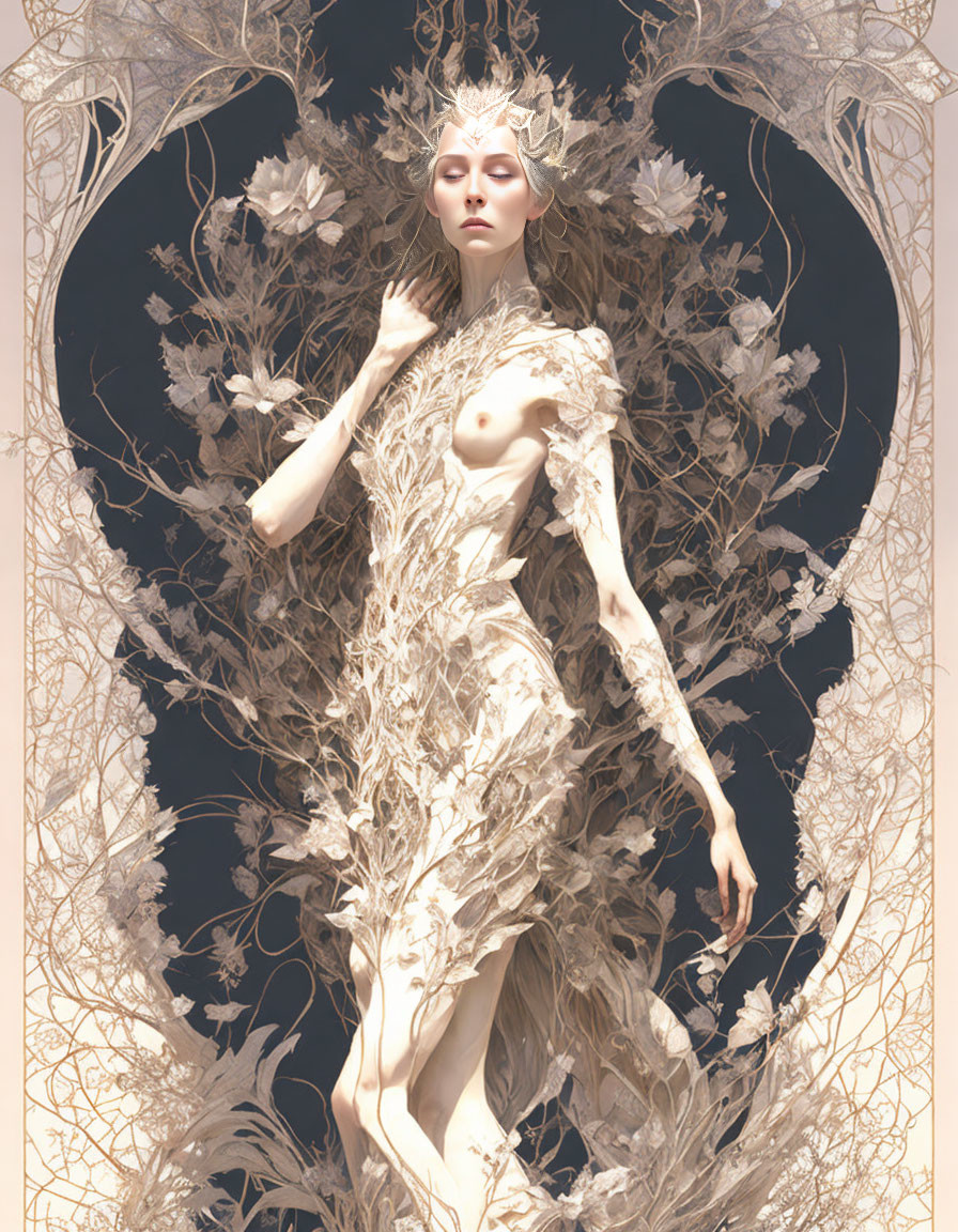 Botanical-themed pale figure in ornate frame exudes mystical aura