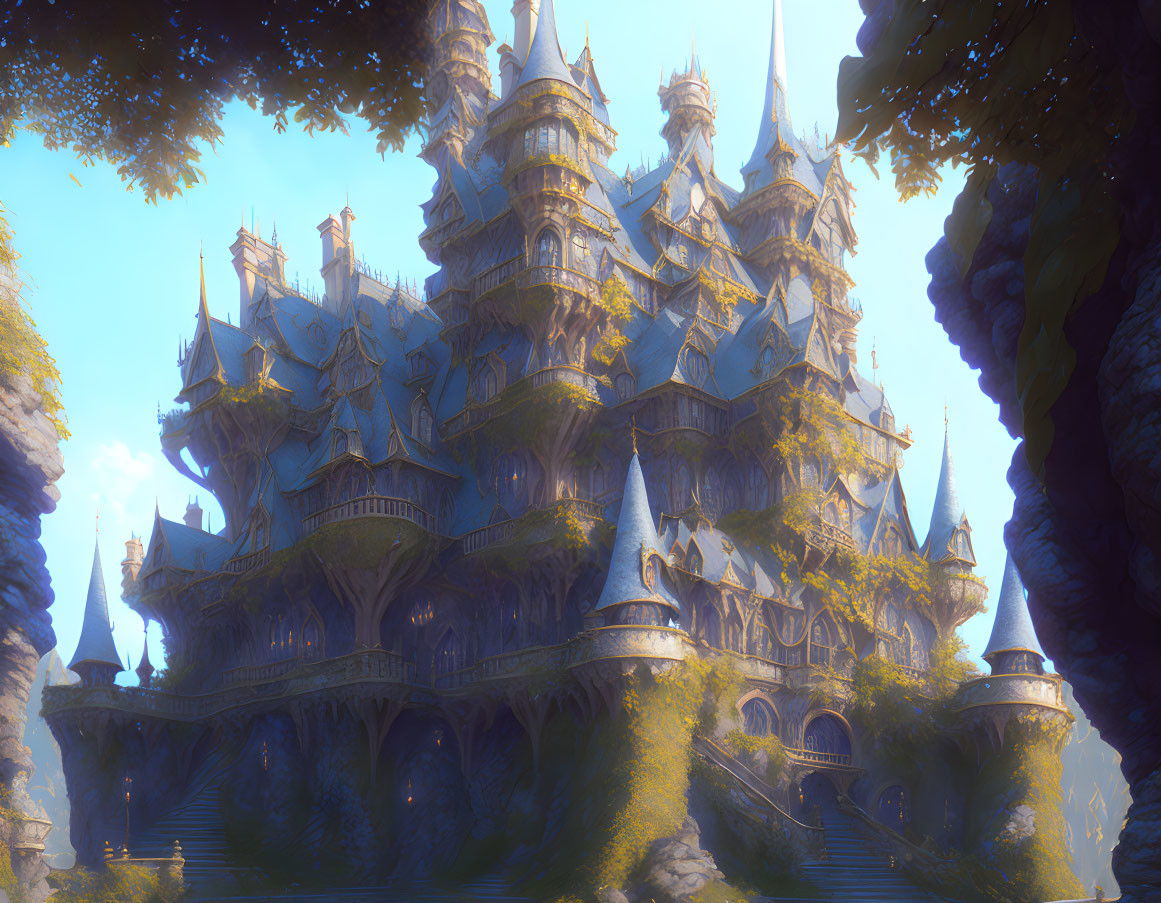 Enchanted forest fantasy castle with multiple spires