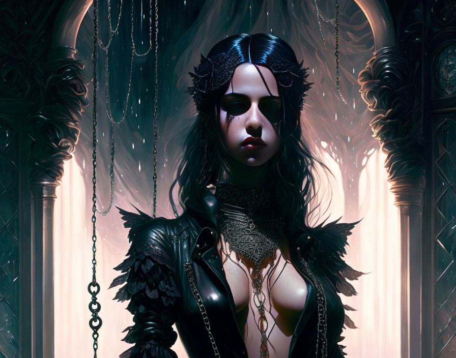 Gothic female figure in dark attire with chains and ornate headpiece.