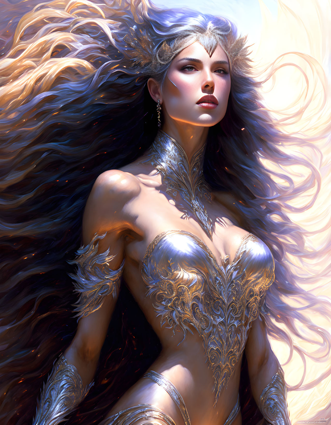 Digital artwork featuring woman with golden hair and ornate silver armor.