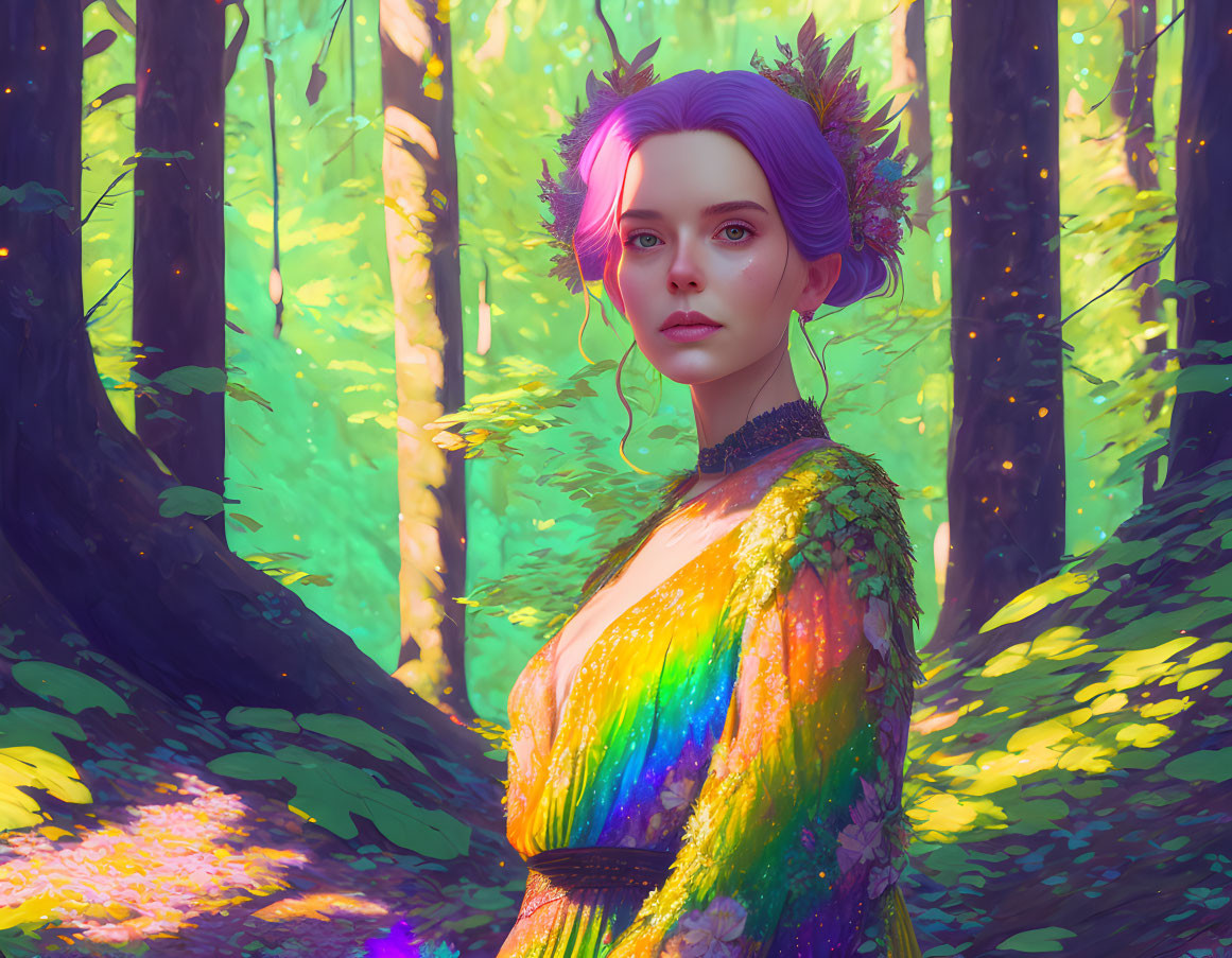 Purple-haired figure in forest with rainbow dress