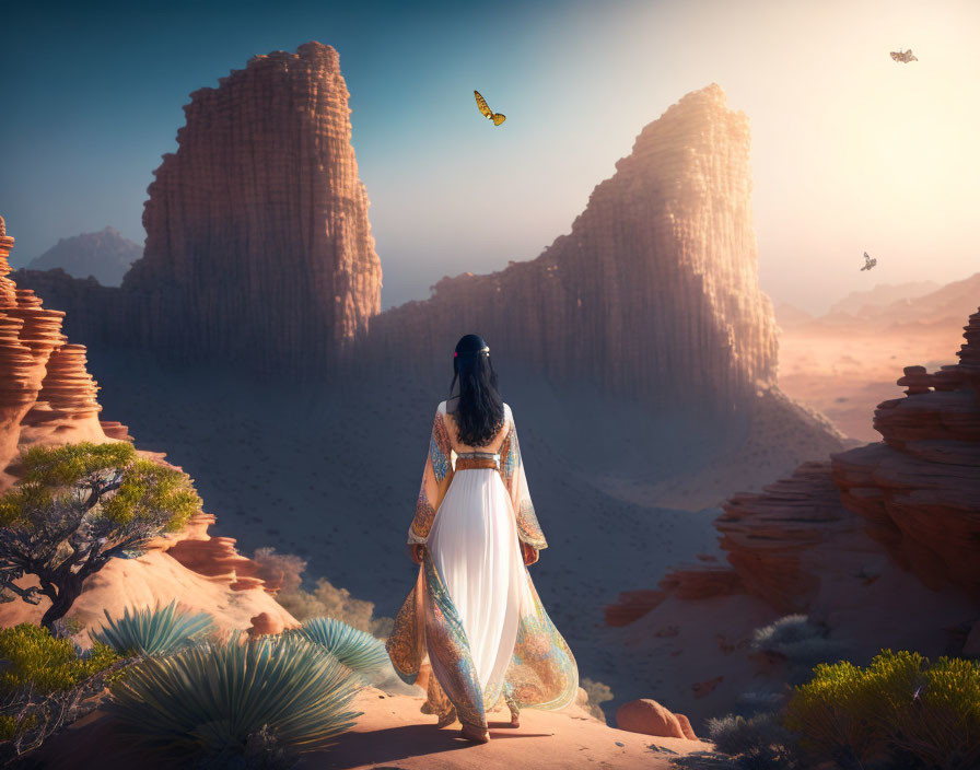 Woman in white and blue dress in desert with rock formations and butterfly.